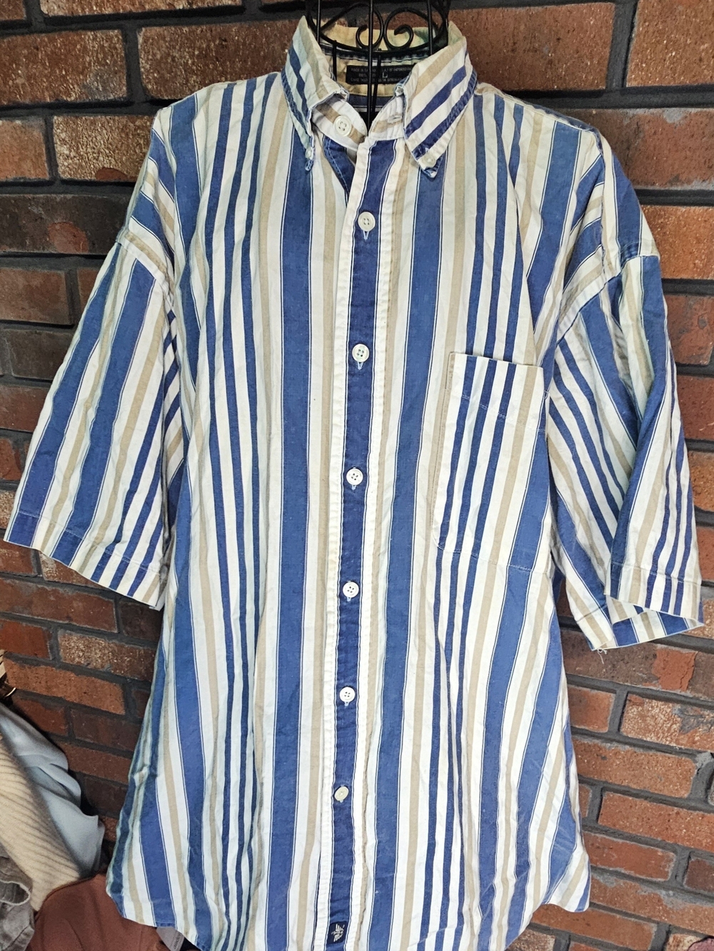 Dockers Vintage Blue, White & Tan Vertical Stripe Button-Up Shirt